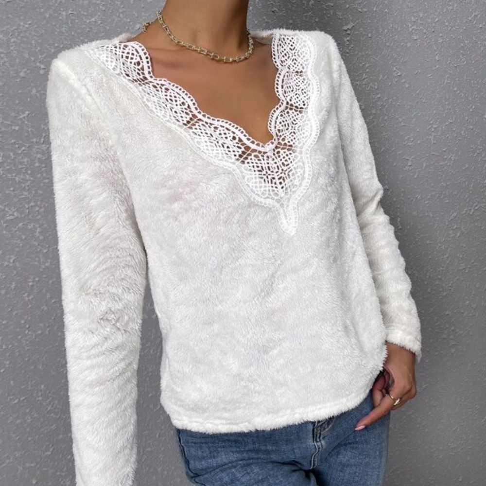 Cozy White V neck Lace Fuzzy Sweater Top - Picture 3 of 5